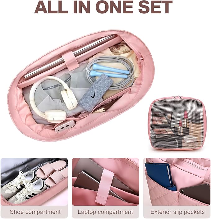 Large 2PCS Nylon Duffle Bag for Travel Weekender Overnight Hospital Gym Bag for Men & Women, Carry On Airline Approved Personal Item Duffel Garment Bag Luggage with Shoe Compartment & Packing Cube - Image 3