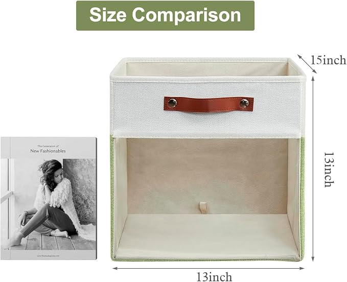 Storage Cubes, 4 Pack Linen Foldable Storage Bins with Clear Window and 2 Handles, 13x15x13 for Shelf Closet, Kallax, Clothes, Books - Green/Off-White - Image 7