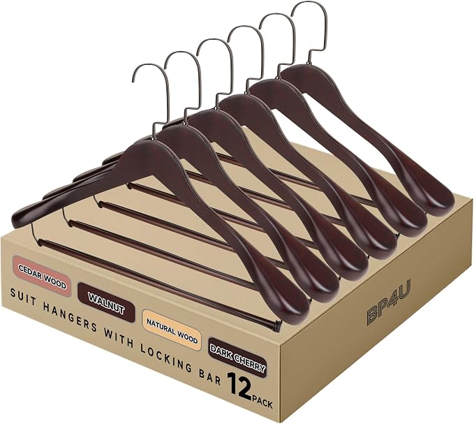 12-Pack Premium Wooden Wide Shoulder Suit Hangers, Heavy-Duty Solid Wood Coat Hangers with Non-Slip Locking Pant Bar for Heavy Clothes, Garments, Blazers, Jackets, Outerwear, Shirts (Dark Cherry) by BP4U%E2%84%A2