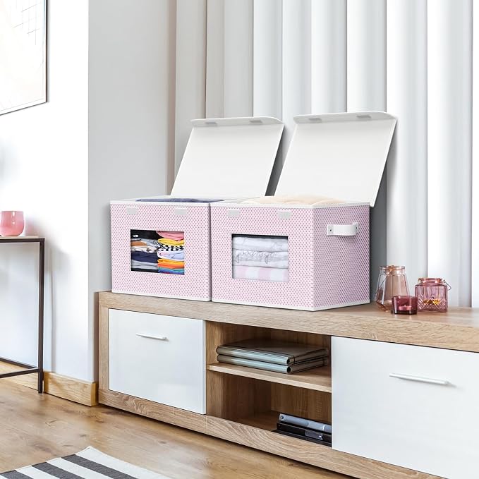 Univivi Fabric Foldable Storage Boxes with Lids, 4 Pack, Pink | 17 x 12 x 12 In Large Stackable Storage Bins with Lids, Closet Organizers and Storage Cube Basket for Home, Office, Bedroom - Image 5