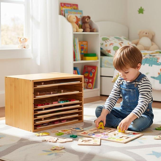 Ripeng 1 Pack Bamboo Puzzle Holder Rack, 7-Tier Adjustable Storage Organizer for Flat and Thick Jigsaw Puzzles, Space Saving Desktop Shelf, Gift for Craft Jigsaw Puzzle Lovers (Natural Wood) - Image 5