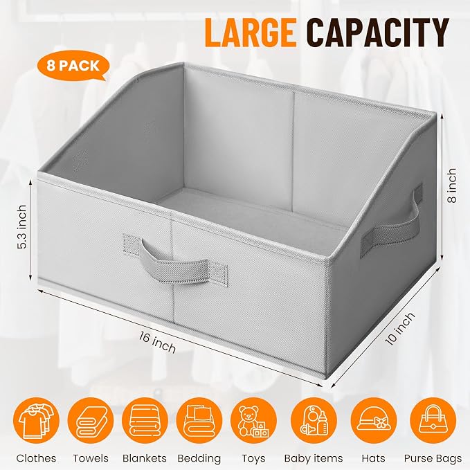 Closet Organizers Bins 8 Pack - Large Closet Shelf Organizer with Handles - Fabric Trapezoid Home Organization and Storage Baskets for Organizing Clothes Toy Blanket Towel Purse Hats - Image 2