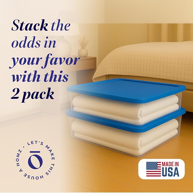 HOMZ 2-Pack Snaplock, Small Clear Plastic Storage Organizer Bins with Lids, 28 Quart, Blue - Stackable Container Boxes for Bedroom, Bathroom, Garage, and Office Organization - Image 2