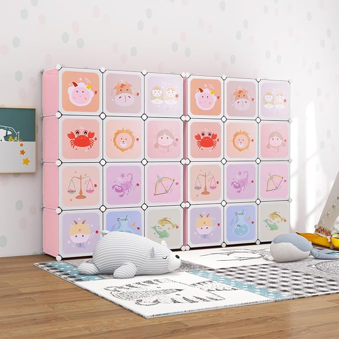 HONEY JOY Kids Wardrobe Closet, Baby Cartoon Clothes Storage Organizer, 12 Cubes & 2 Hanging Sections, Portable Children DIY Modular Bedroom Armoire Dresser Cabinet for Boys Girls (Light Pink) - Image 2