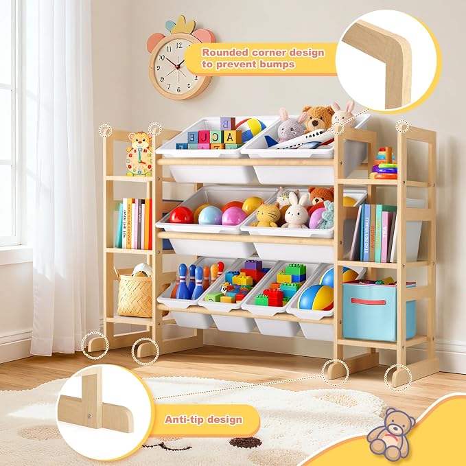Fuilee Wooden Toy Storage Organizer for Kids, Multi-Tier Toy Organizer with Bins & Side Montessori Bookshelves, Sturdy Natural Wood Playroom Storage Solution for Toys, Books, Games - Image 4