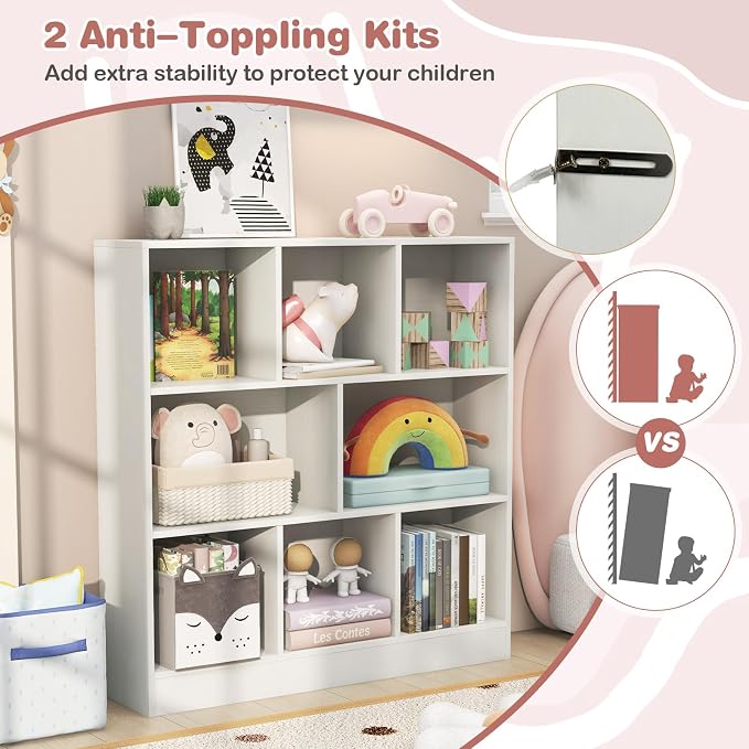 HONEY JOY Kids Toy Storage Organizer, 8-Section Wooden Floor Storage Cabinet, 41” Daycare Toy Chest, 3-Tier Kids Display Bookshelf for Classroom, Playroom & Nursery, Kindergarten (White) - Image 5