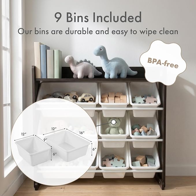 Humble Crew Kids Toy Organizer with Display Shelf, 9 Bins, 3 Tier Storage | Sturdy wood and steel toddler shelf, removable BPA-free containers, wall anchor anti-tip safety kit for bedroom or classroom - Image 4