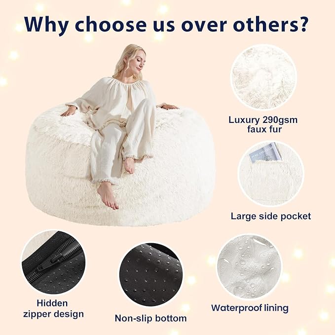 Bean Bag Cover (No Filler), Faux Fur Beanbag Chairs Covers Only, Stuffed Animal Storage Bean Bag, Giant Washable Beanbag Cover Without Filling, 5FT, White - Image 5