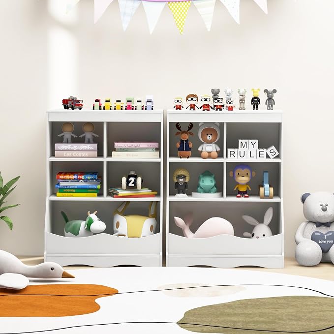 HONEY JOY Kids Toy Storage Organizer with Bookcase, 4-Cubby Organization Storage Cabinet w/Display Shelf, Wooden Toy Storage Unit for Playroom, Nursery Daycare(White) - Image 2