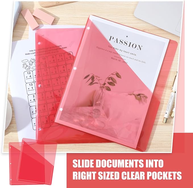 Seajan 48 Pcs Binder Pocket Folders, Clear 3 Ring Binder, Red | Plastic Folders Sleeves with 2 Pockets, Poly Slash File Jackets, 3 Hole Punched Dividers for School, Office, Documents - Image 4
