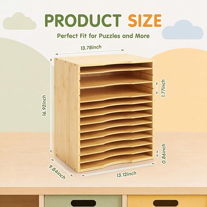 Ripeng 1 Pack Bamboo Puzzle Holder Rack, 12-Tier Adjustable Storage Organizer for Flat and Thick Jigsaw Puzzles, Space Saving Desktop Shelf, Gift for Craft Jigsaw Puzzle Lovers (Natural Wood) - Image 3