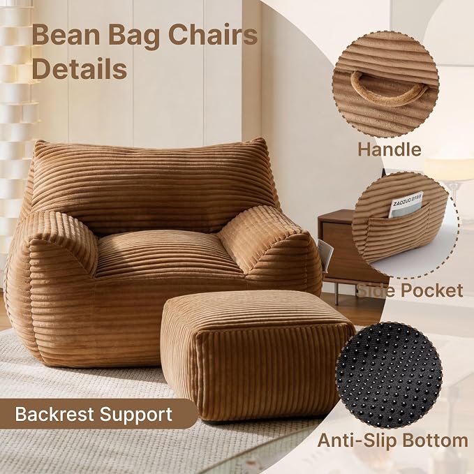 Oversized Bean Bag Chair with Ottoman, Bean Bag Couch with 2 Side Pockets, Corduroy Boneless Couch Chair in a Box, Comfy Lounge Chair for Living Room, Bedroom, Dorm, Brown - Image 3
