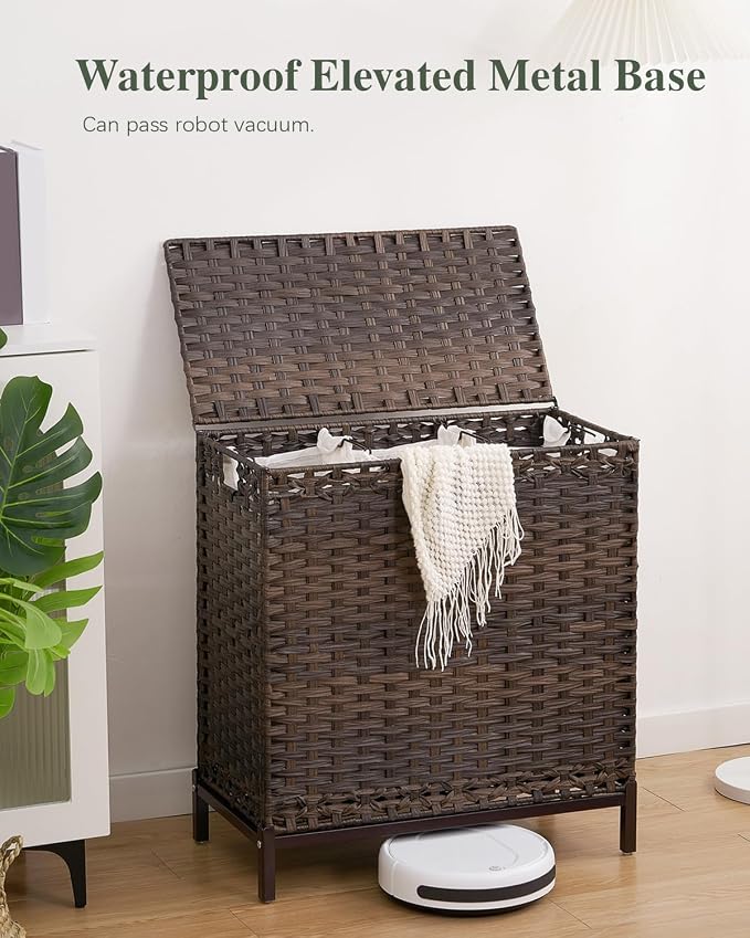 SETVSON Laundry Hamper with Lid, 35 Gal 3-Bag Clothes Sorter, Brown | Large Family Laundry Trunk with Lid, 3 Compartment Sorting Liner, 6 Wash Bags, Elevated PE Rattan Bin with Handles - Image 2