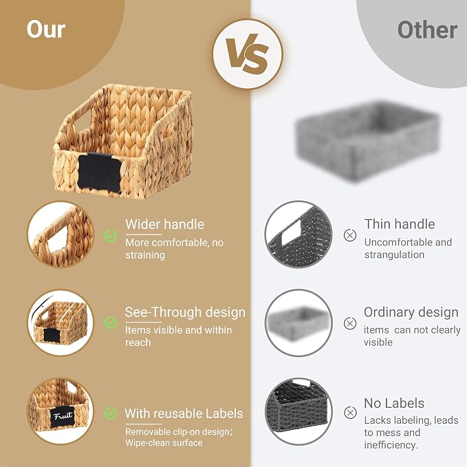 Wicker Baskets for Organizing,Pantry Baskets with Built-in Handles, Handwoven Wicker Storage Basket, Water Hyacinth Storage Bins for Shelves, 3 Pack, Natural 4 Set - Image 5