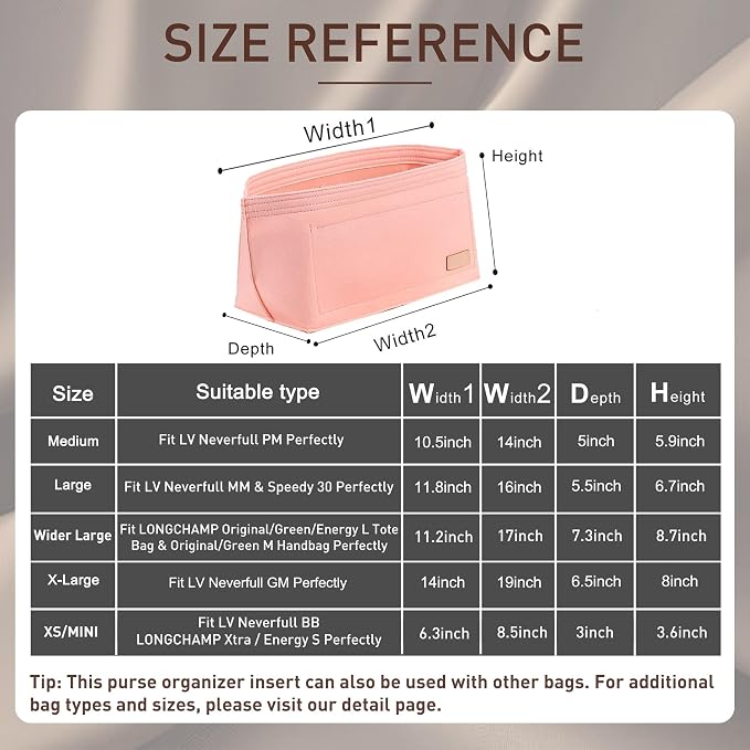 Purse Organizer Insert for Handbags & Base Shaper 2pc Set, Felt Neverfull PM Organizer Insert, Tote Bag Organizer with Zipper Pocket and Bottle Holder, Fit Neverfull PM and More, Pink-M - Image 2