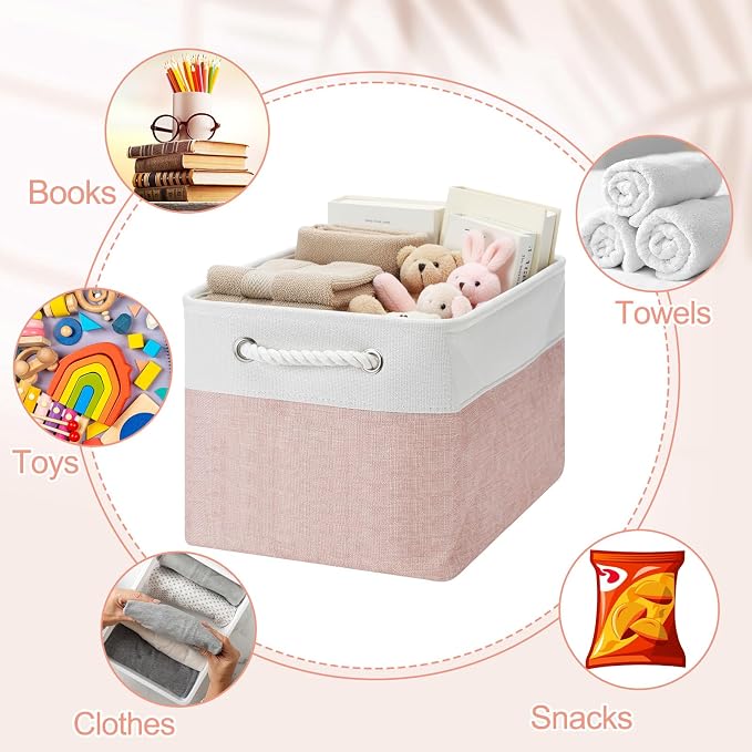 FoldTier 10 Pack Large Collapsible Fabric Storage Baskets with Handles Decorative Storage Bins for Organizing Shelves Toys Clothes (Pink & White,16 x 12 x 10 Inches) - Image 7