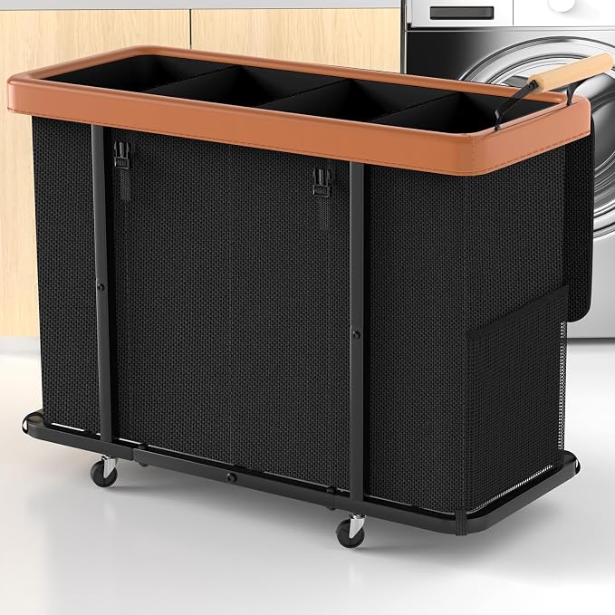 Laundry Hamper 4 Section with Lid, 300L Rolling Basket Hamper with Handle | Laundry Basket with Wheels,Organizer Storage Cart with Sturdy Metal Frame for Laundry Room Black by Unlockyourhomestoragelife