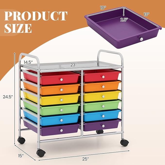 RELAX4LIFE 12-Drawer Rolling Storage Cart Mobile Craft Organizer Colorful | 24.5" Size, 4 Rolling Casters, Metal Frame, For School Teacher Office Salon Art File Supplies - Image 3