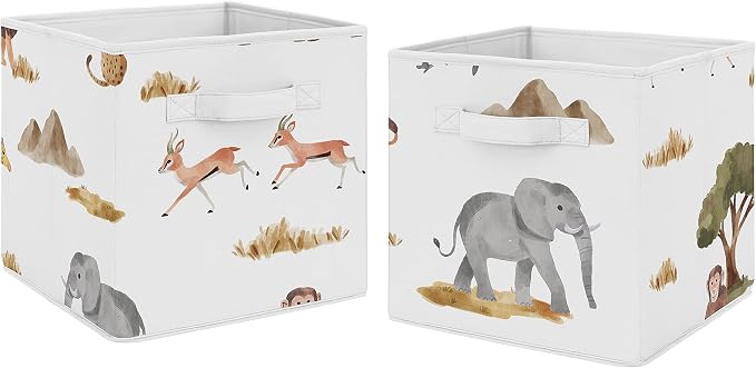 Sweet Jojo Designs Jungle Animals Foldable Fabric Storage Cube Bins Boxes Organizer Toys Kids Baby Set of 2 Dark Hunter Green Yellow Grey Black White Wildlife Safari Elephant Giraffe Monkey Leopard - Image 3