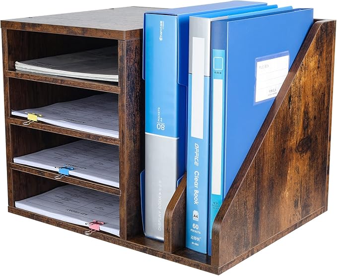 Wood Desktop File Holder Organizer Mail Sorter for File Folders, Mails, Envelopes, Mailing Supplies or Magazines, Brown by PAG