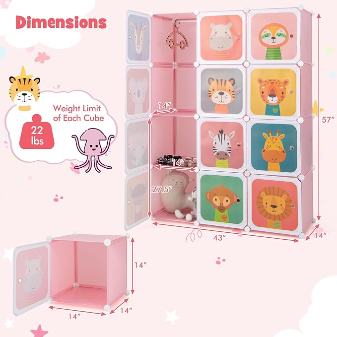 HONEY JOY Kids Wardrobe Closet, Baby Cartoon Clothes Storage Organizer, 12 Cubes & 2 Hanging Sections, Portable Children DIY Modular Bedroom Armoire Dresser Cabinet for Boys Girls (Pink) - Image 9
