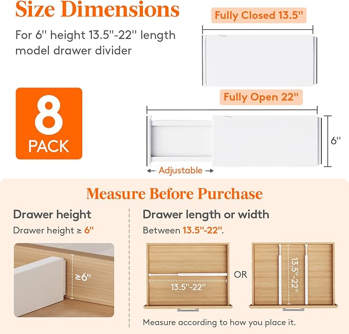 Lifewit 6" Tall Upgrade Drawer Dividers, Adjustable Deep Drawer Organizer | 13.5"-22" Expandable White Drawer Separator for Clothes, Dresser/Kitchen/Closet/Bedroom/Office Organization & Storage, 8 Pack - Image 2