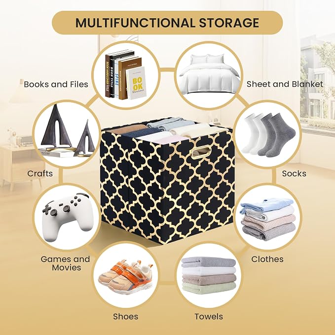 Posprica 13x13x13 Storage Cube Bins, Collapsible Storage Bins Fabric Storage Cubes Organizer Baskets Box Drawers for Shelves, Closet, Wardrobe, Bookshelf, Cabinet,(Set of 4, Black/Gold lantern) - Image 5