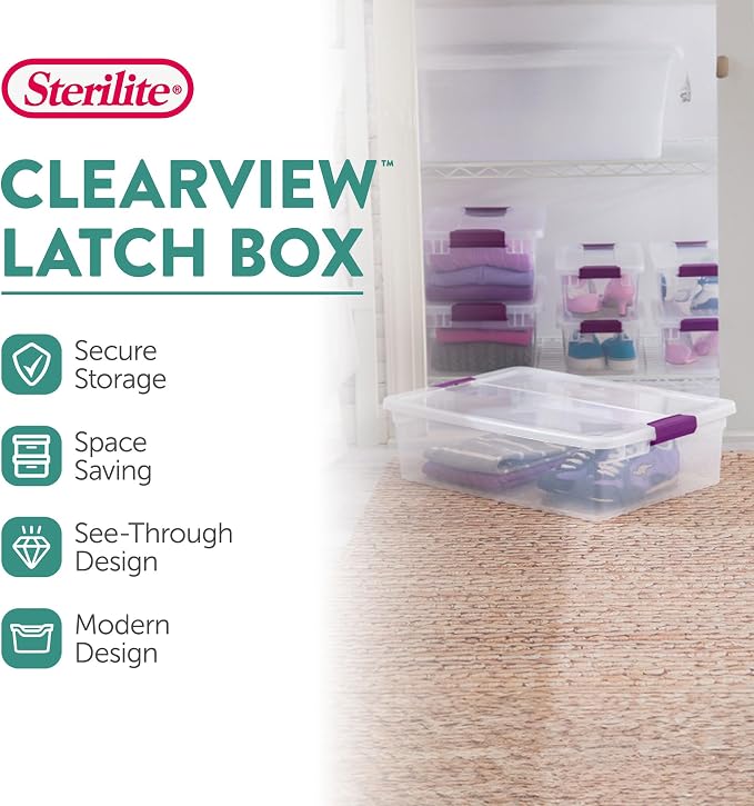 Sterilite ClearView Latch Boxes, Storage Bins with Lids, 32 Quart, 18-Pack | Clear Plastic Organizers with Color Accent Latches for Closet, Bedroom, Shelving Units, Dorm Room and Home Organization - Image 2