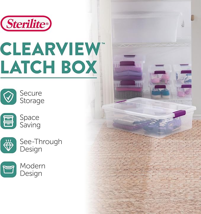 Sterilite ClearView Latch Boxes, Storage Bins with Lids, 32 Quart, 12-Pack | Clear Plastic Organizers with Color Accent Latches for Closet, Bedroom, Shelving Units, Dorm Room and Home Organization - Image 3
