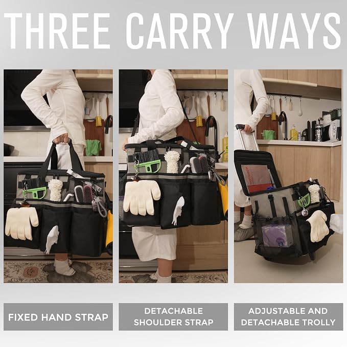 SCAVATA Rolling Cleaning Caddy Bag with Detachable Trolley, Large Cleaning Supplies Organizer with Wheels, Multi-Pocket Cleaning Cart with Adjustable Shoulder Strap for Housekeepers (WarmGrey) - Image 6