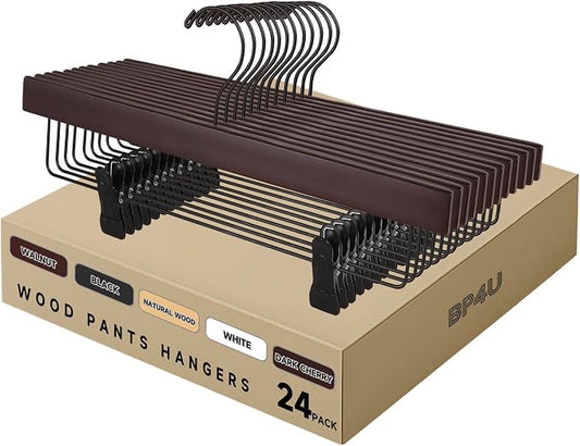 14" Wood Pants Hangers, Adjustable Non-Slip Clip, Dark Cherry, 24-Pack | Solid Wood Material, Bottom Hangers with 360° Swivel Hook, Space Saving Hangers for Skirts, Slacks, Trousers, Jeans by BP4U%E2%84%A2