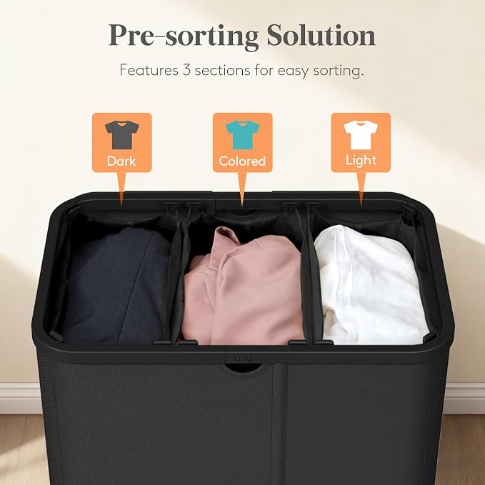 Lifewit 185L 3 Section Laundry Hamper with Lid, Laundry Basket, Black | Large Foldable Laundry Sorter with 3 Removable Bags, Tall Clothes Hamper for Bedroom and Bathroom - Image 3