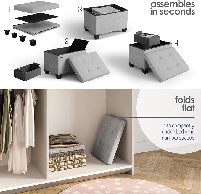 Storage Ottoman Cube with Small Bin, 16-in Square Ottoman with Storage for Living Room and Bedroom, Small Ottomans Foot Rest, Fabric Foot Stools Ottomans Max 330lbs, Light Grey - Image 9