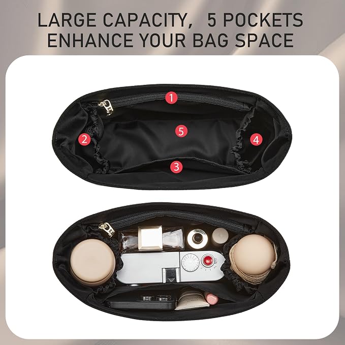 Brooklyn 28 Bag Insert, Purse Organizer Insert for Coach, Nylon Black | Waterproof Nylon For Coach Brooklyn Shoulder Bag 28, Lightweight, 5 Compartments Zipper Pocket, Elastic Holders - Image 3