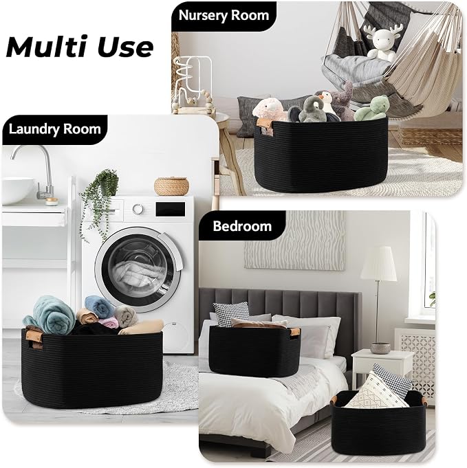 Large Blankets for Living Room, 72 L Woven Cotton Rope Baskets for Storage, Organizing Kids Toys & Dog Toys, Large Basket Organizer for Nursery, Bedroom, Bathroom, 22’’*17’’*11.8’’ Black - Image 8