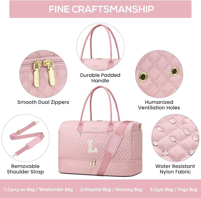 Letter Weekender Bags for Womens - Duffle Bag with Shoe Compartment Personalized Overnight Bag with Toiletry Bag Duffel Bags for Gym Hospital Bags Gift for Women Pink (Letter L) - Image 5