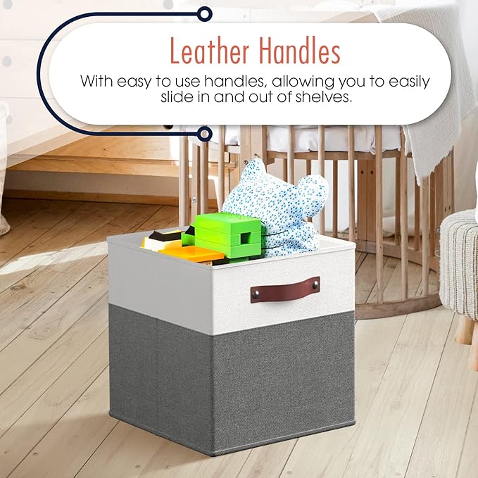 Ornavo Home 13x13 Foldable Fabric Storage Cube Bins, 6 Pack, White/Gray | Collapsible Linen Shelf Basket Organizer; Leather Handles; Ideal Cube Storage For Closet - Image 4