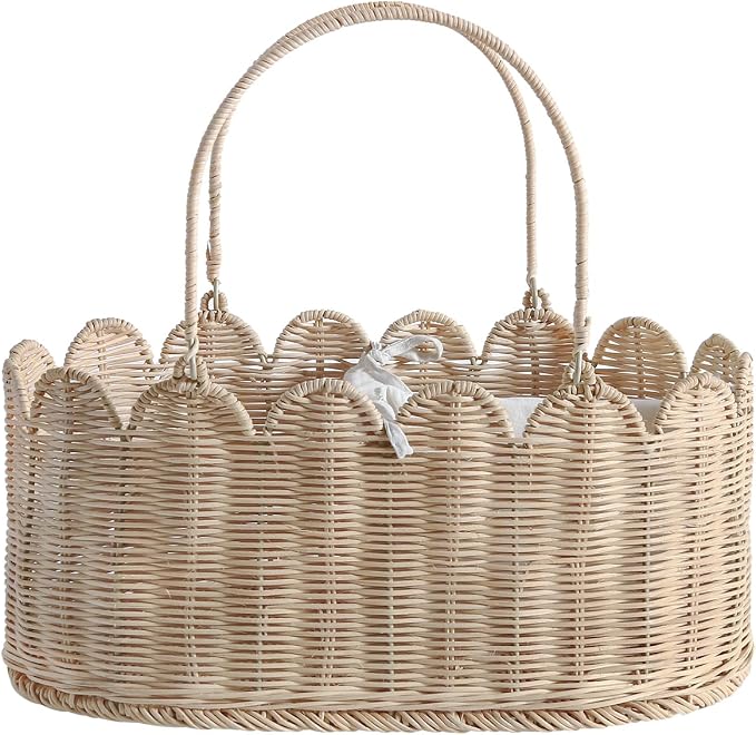 Premium Wicker Baby Diaper Caddy Organizer,Woven Scalloped Rattan Basket with Handle,Wicker Baby Carriage for Nursery (Scalloped Rattan Baby Diaper Caddy Organizer) - Image 7