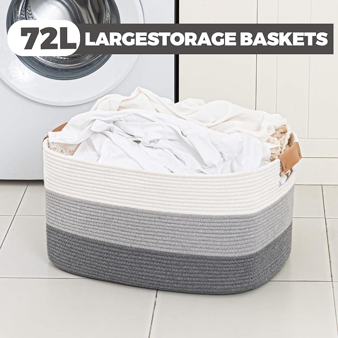 Blanket Basket, 72L Rectangle Large Basket for Living Room, Baby Room & Laundry, Woven Cotton Rope Toy Bin Baby Nursery Room Storage, 22’’*17’’*11.8’’, Gradient Grey - Image 4