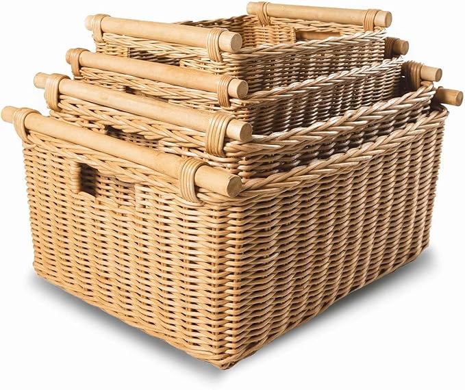 The Basket Lady Pole Handle Wicker Storage Basket, S, Sandstone | Outside: 14" L x 10" W x 7.5" H | Inside: 12"L x 8.5"W x 7"H - Handcrafted by artisans from natural rattan - Image 5