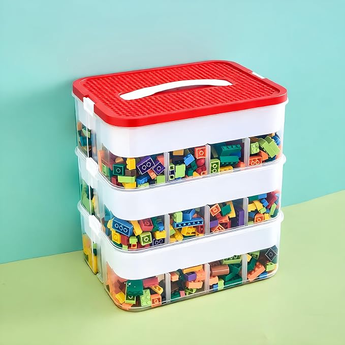 Toys Organizer Storage Case for Lego Box Kids Toy Stackable Building Blocks with Lids Bins Adjustable Lego Storage Containers Plastic Toy Box 3 Layer (Red) by joyingbaby