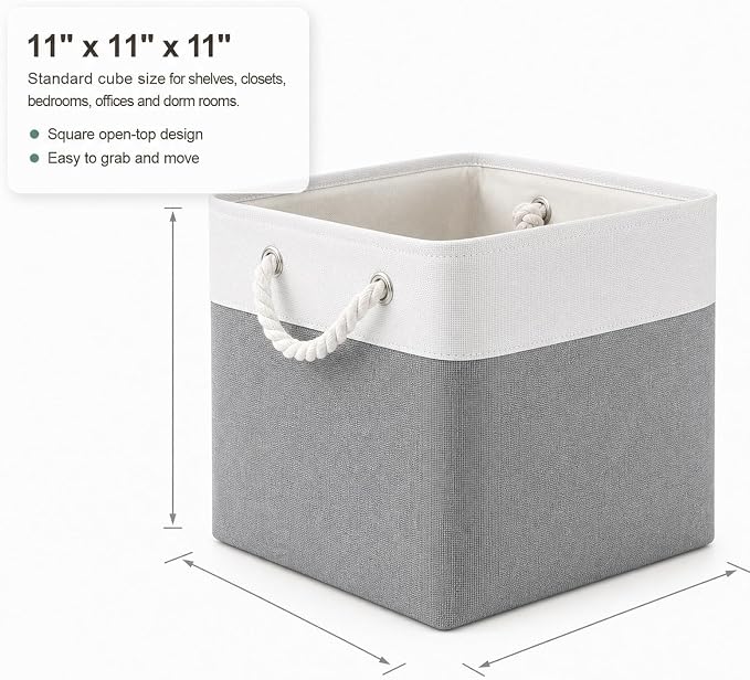 11x11 Inch Cube Storage Bins, 6 Pack Collapsible Fabric Storage Cubes with Rope Handles, Waterproof Foldable Storage Baskets for Cube Shelves, Closet, Clothes, Toys, Books, White & Gray - Image 8