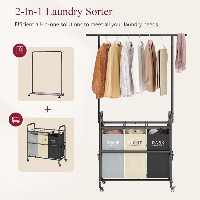 Laundry Sorter Cart with Hanging Clothes Rack, 3 Section, 3 Colors | 135L Laundry Sorter Hamper Cart with Heavy Duty Rolling Lockable Wheels and Removable Bags for Laundry Room, Apartment - Image 3