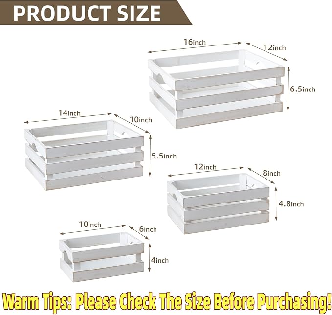 Set of 4 Large Wooden Decorative Storage Crates, Whitewashed Nesting Wooden Crates for Display Rustic, Farmhouse Wood Storage Container Boxes Made from 100% Wood - Image 2