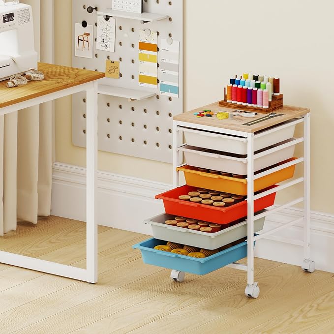 Rolling Storage Cart with 6 Drawers, Plastic Craft Organizer on Wheels with Wooden Top, Mobile Art Supply Utility Cart for Classroom, Home, Office - Image 9