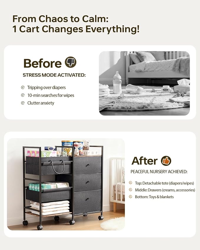2-in-1 Baby Diaper Caddy Organizer and Storage-3 Tier Rolling Baby Cart with Dividers and Drawers, Baby Essentials for Nursery Storage, Mobile Utility Cart with Wheels Large Capacity Easy To Assemble - Image 4