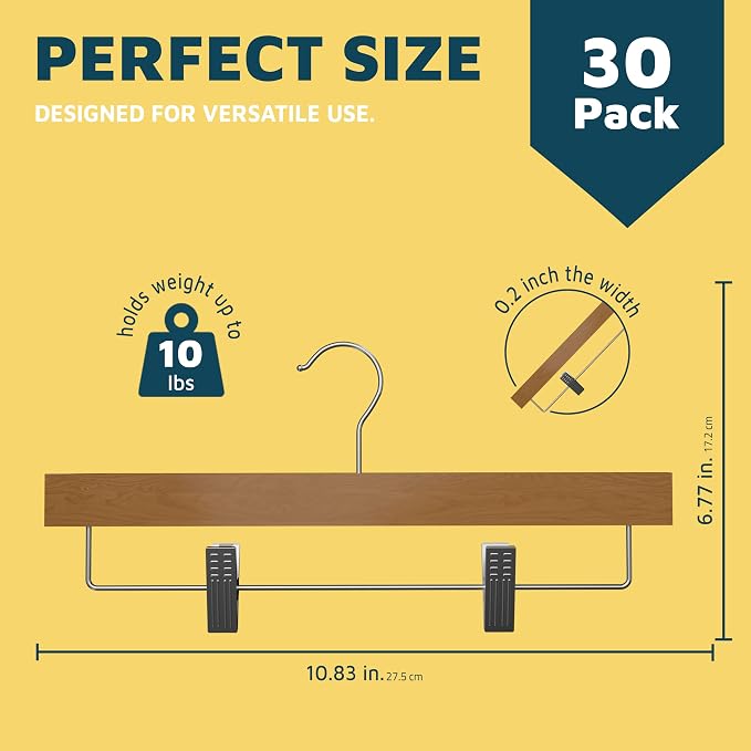 Natural Color Wooden Pants Hangers 30 Pack, Lotus Wood Hanger with Adjustable Non-Slip Clips, Heavy Duty 10 lb Capacity, 360° Swivel Hook, Slim, Space-Saving Design for Slacks, Jeans, Skirts - Image 2