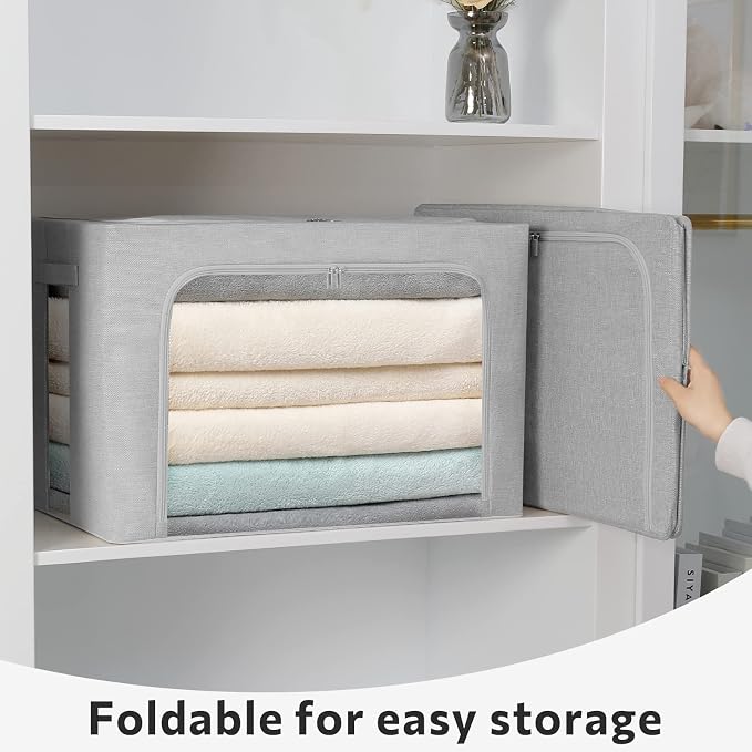 FHSQX 2 Pack Clothes Storage Bins Stackable Metal Frame Storage Box Large Capacity Foldable Linen Fabric Box Organizer with Carrying Handles and Clear Window (Light Gray, 19.7x 15.7x 12.6 Inch) - Image 3