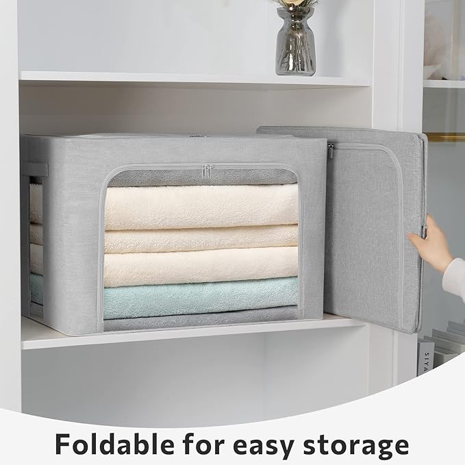 FHSQX 2 Pack Clothes Storage Bins Stackable Metal Frame Storage Box Foldable Linen Fabric Organizer with Carrying Handles and Clear Window (Light Gray, 15.7x 11.8x 7.8Inch) - Image 2