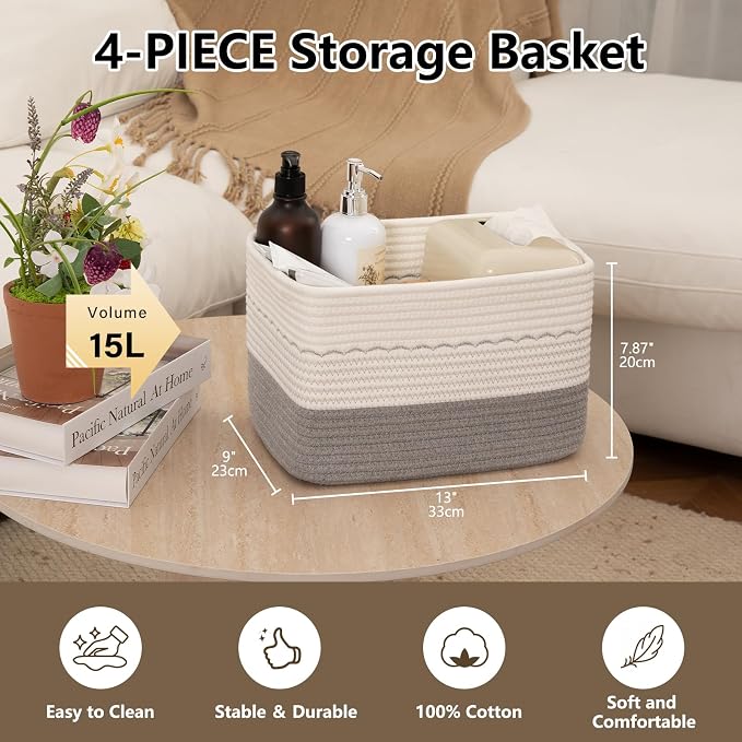 OIASKET 4 Pack Storage Baskets for Organizing, 13"X9"X7.87", Decorative Cotton Rope Baskets for Shelves, Small Woven Basket for Toys, Books and Towels, Grey & White - Image 3